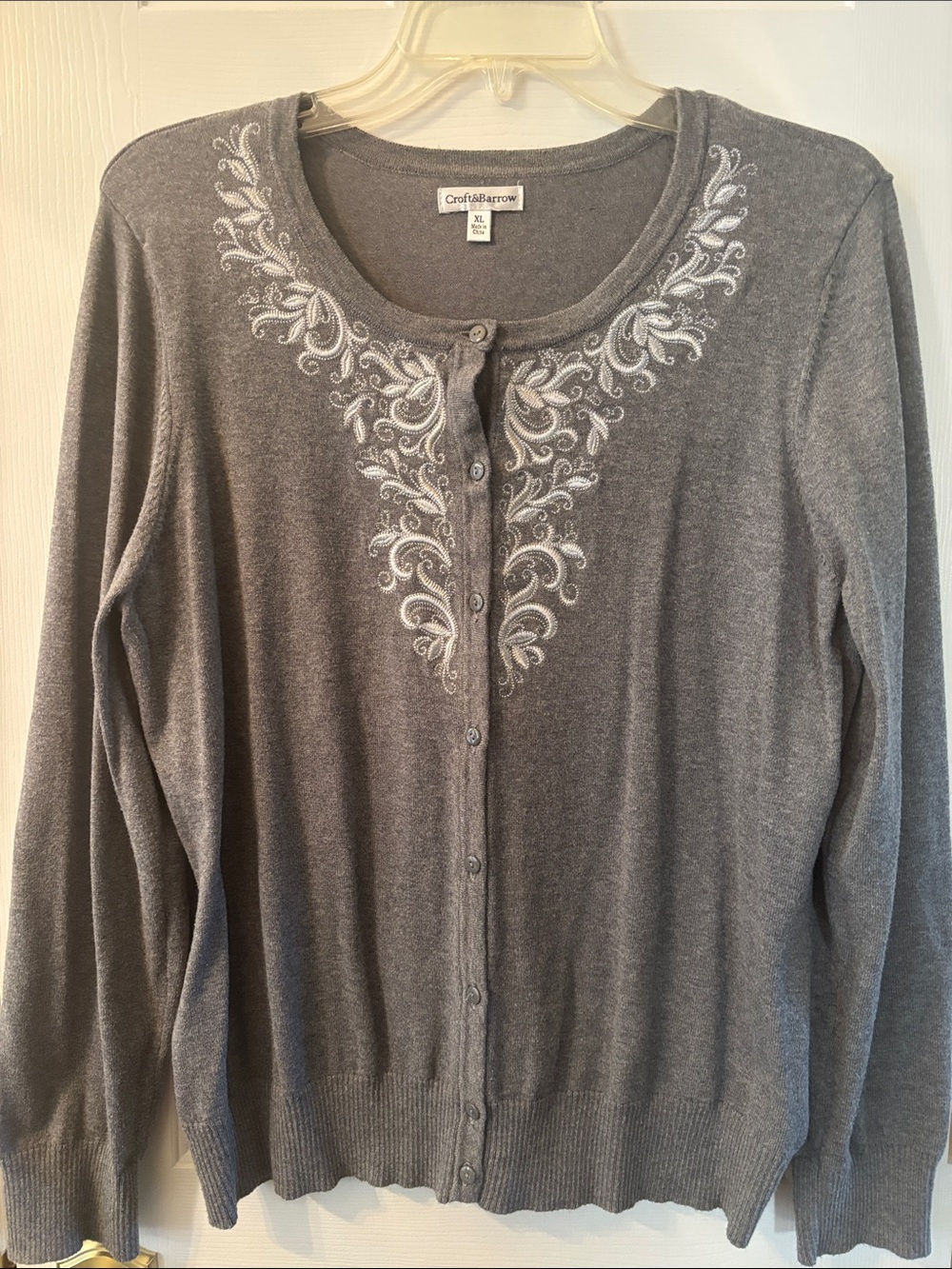 Croft & Barrow Gray Cardigan with White Embroidered Neckline